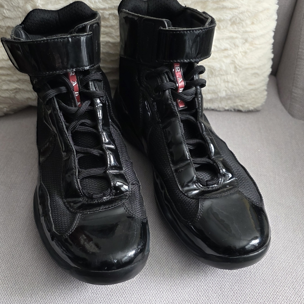 Prada Shiny Black High-Top Sneakers Size 7.5 Used Excellent Condition.